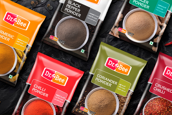 Branding and Packaging design for Dr. Bee spices that highlights their rich flavor and premium quality with a classic design.