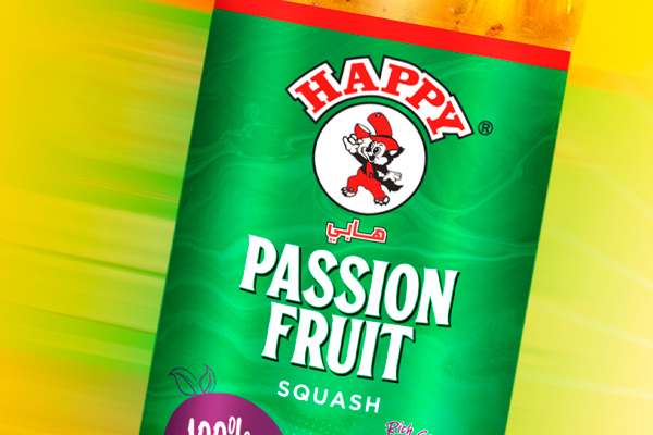 Label design for Happy's Passion Fruit Squash that captures its vibrant flavor and freshness