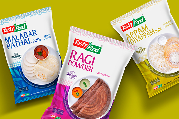 Branding and Packaging design for Tasty Food's breakfast range that showcases freshness and delightful taste with its vibrant designing style.